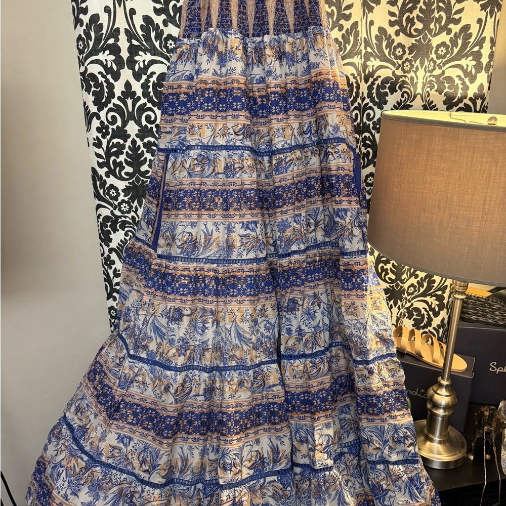 Blue and White Smocked Bubble Maxi Dress